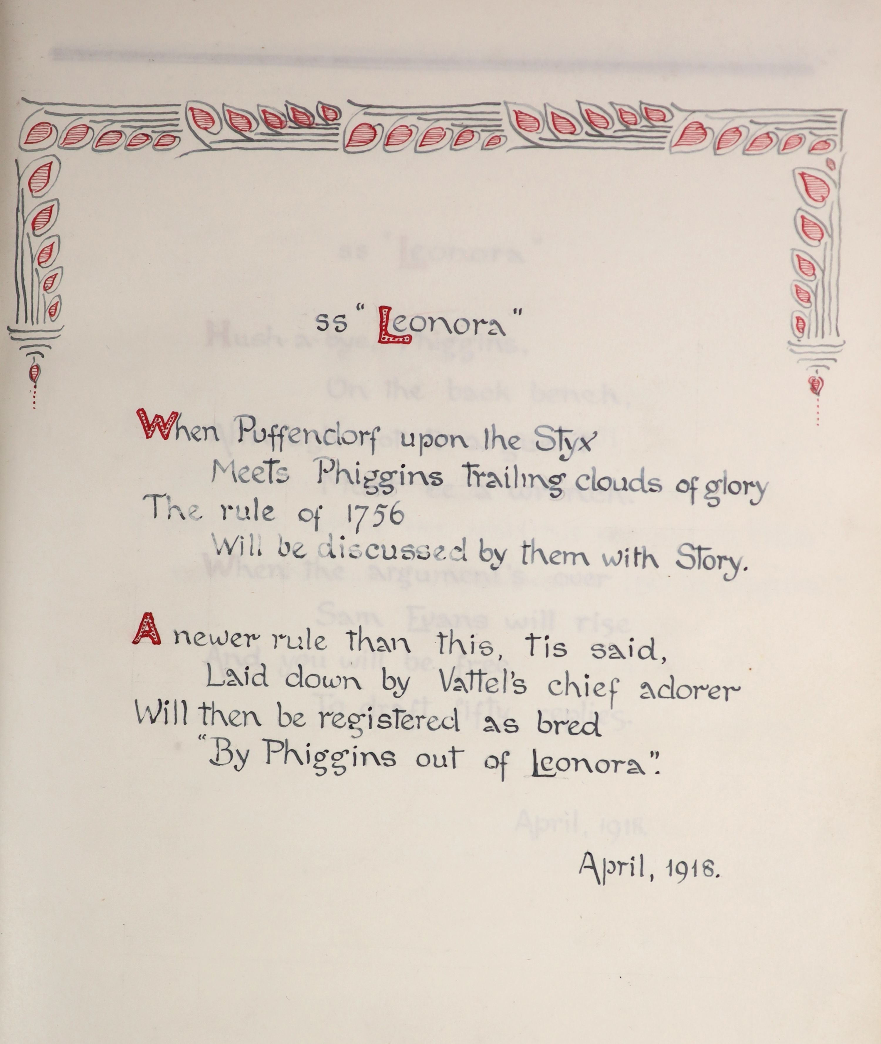 An early 20th century album of manuscript poetry and verse, in a fine calligraphic hand, mainly in black ink, with rubricated capitals, interspersed with 18 comical caricatures, drawn in black, red and blue pen and ink,
